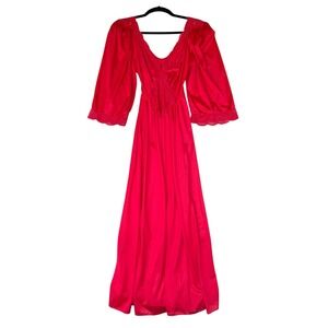 Olga RED Satin Long Nightgown with Lace Trim